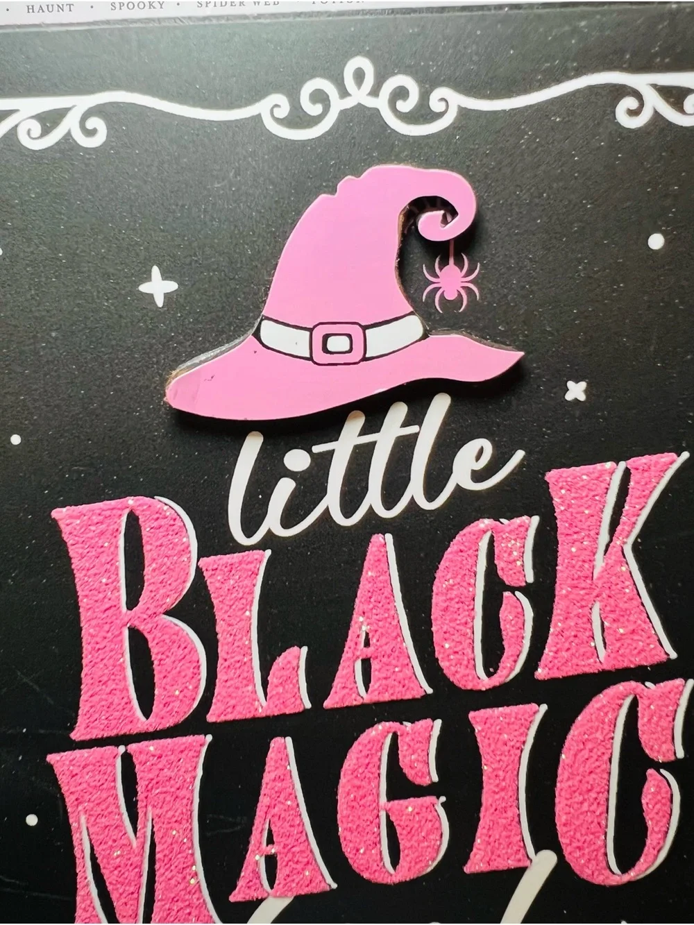 Little Black Magic Book Wooden Decor - Pink & Black Halloween Library Bookstore